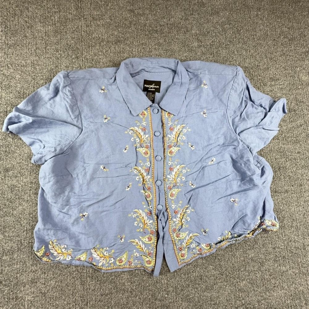 Positive Attitude Blouse Womens 20 Blue Embroidered Short Sleeve Button Top